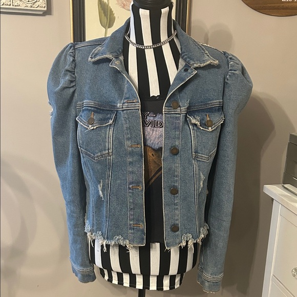 Retrofete Jackets & Blazers - Retrofete Rissa Puff Sleeve Cropped Distressed Denim Jean Jacket Size M EUC